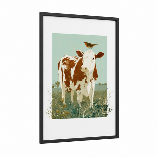 Pastoral Hereford framed hereford cow print — black wood frame — sage green and cream palette