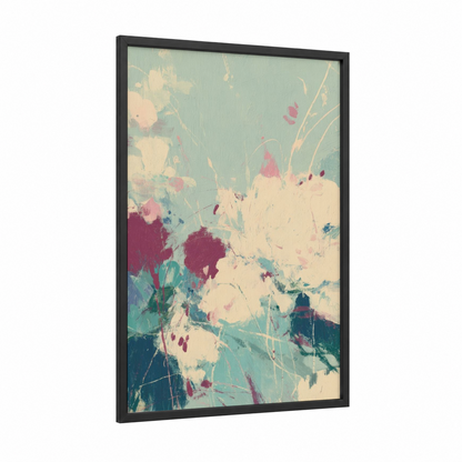 Bloom Abstraction framed abstract expressionism print — black wood frame — light green and cream palette