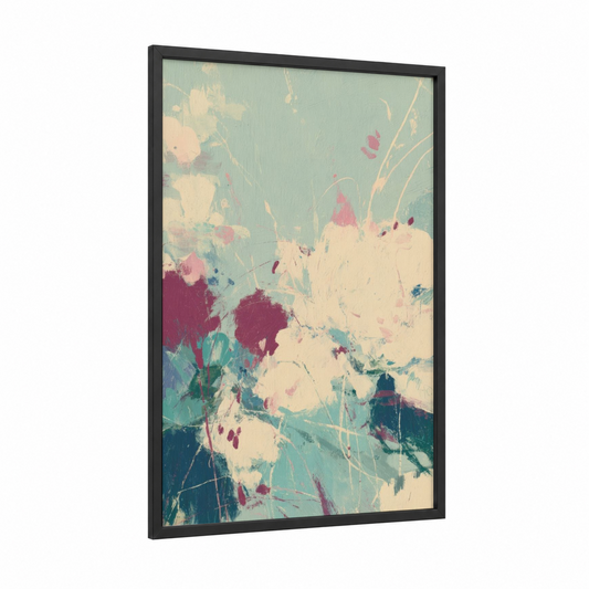 Bloom Abstraction framed abstract expressionism print — black wood frame — light green and cream palette