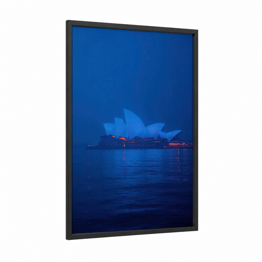 Sydney Opera Blue framed monuments print — black wood frame — dark blue and blue palette