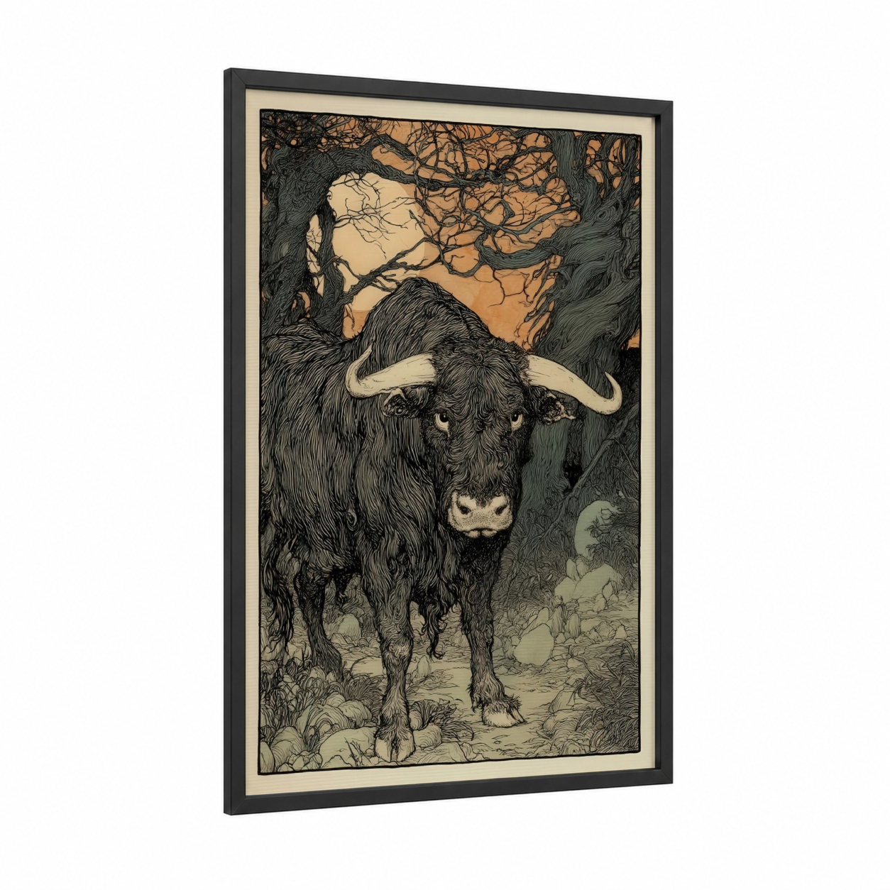 Horned Bull Portrait framed art print — black wood frame — black and white and cream palette