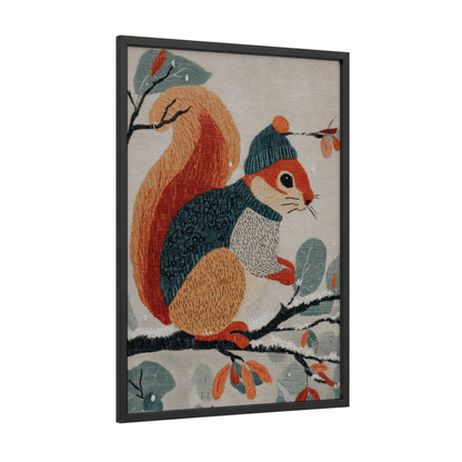 Autumn Squirrel framed art print — black wood frame — russet and teal palette
