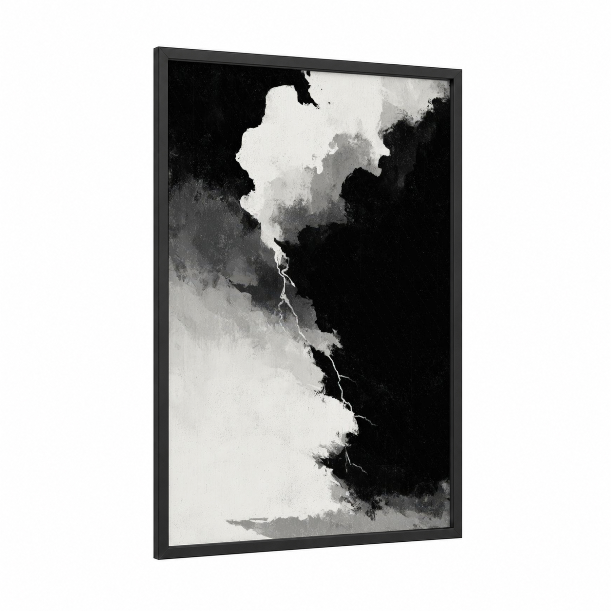 Lightning Storm framed art print — black wood frame — black and white and gray palette