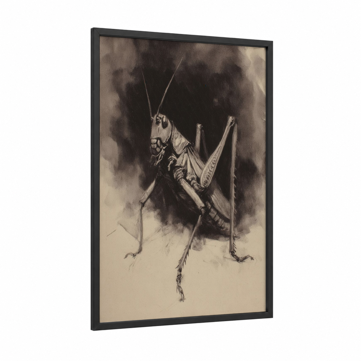 Contemplative Grasshopper framed art print — black wood frame — black and white and gray palette