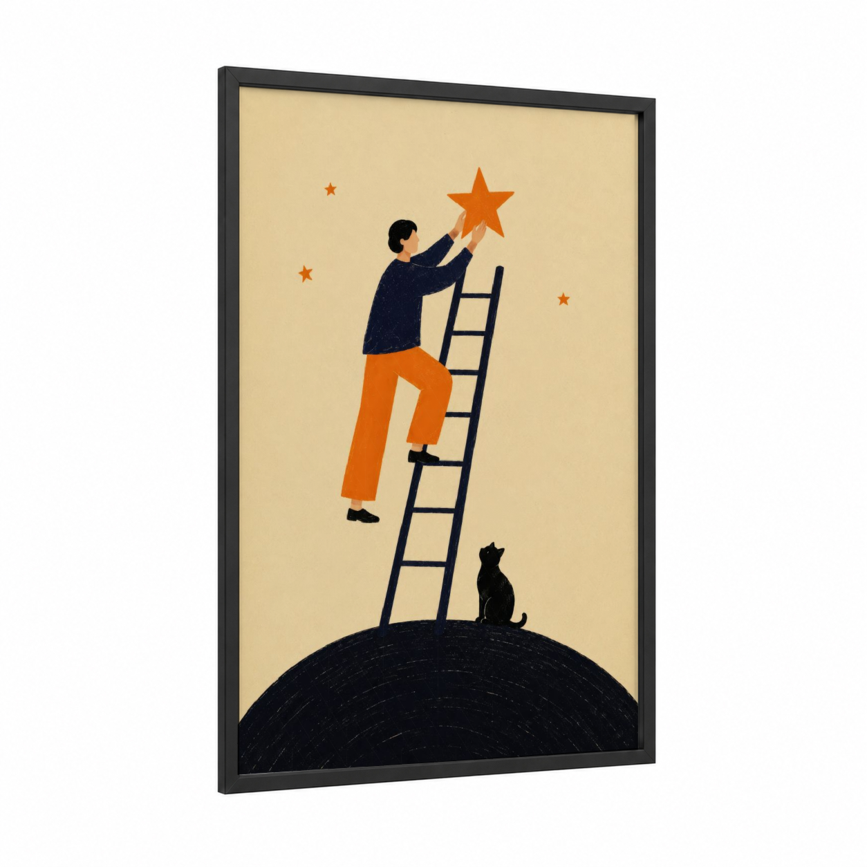 Reaching For Stars Motivational Wall Art framed cat print — black wood frame — orange and beige palette