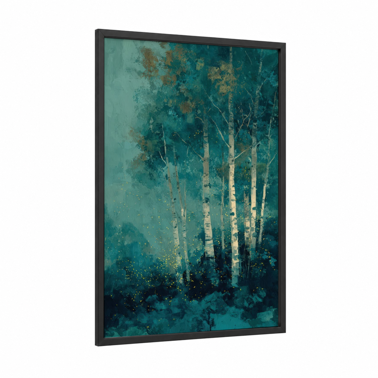Birch Tree Forest framed art print — black wood frame — teal and gold palette