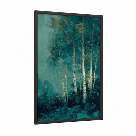 Birch Tree Forest framed art print — black wood frame — teal and gold palette