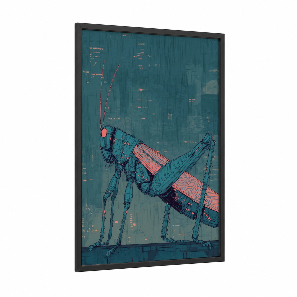 Cyberpunk Grasshopper framed art print — black wood frame — teal and salmon pink palette