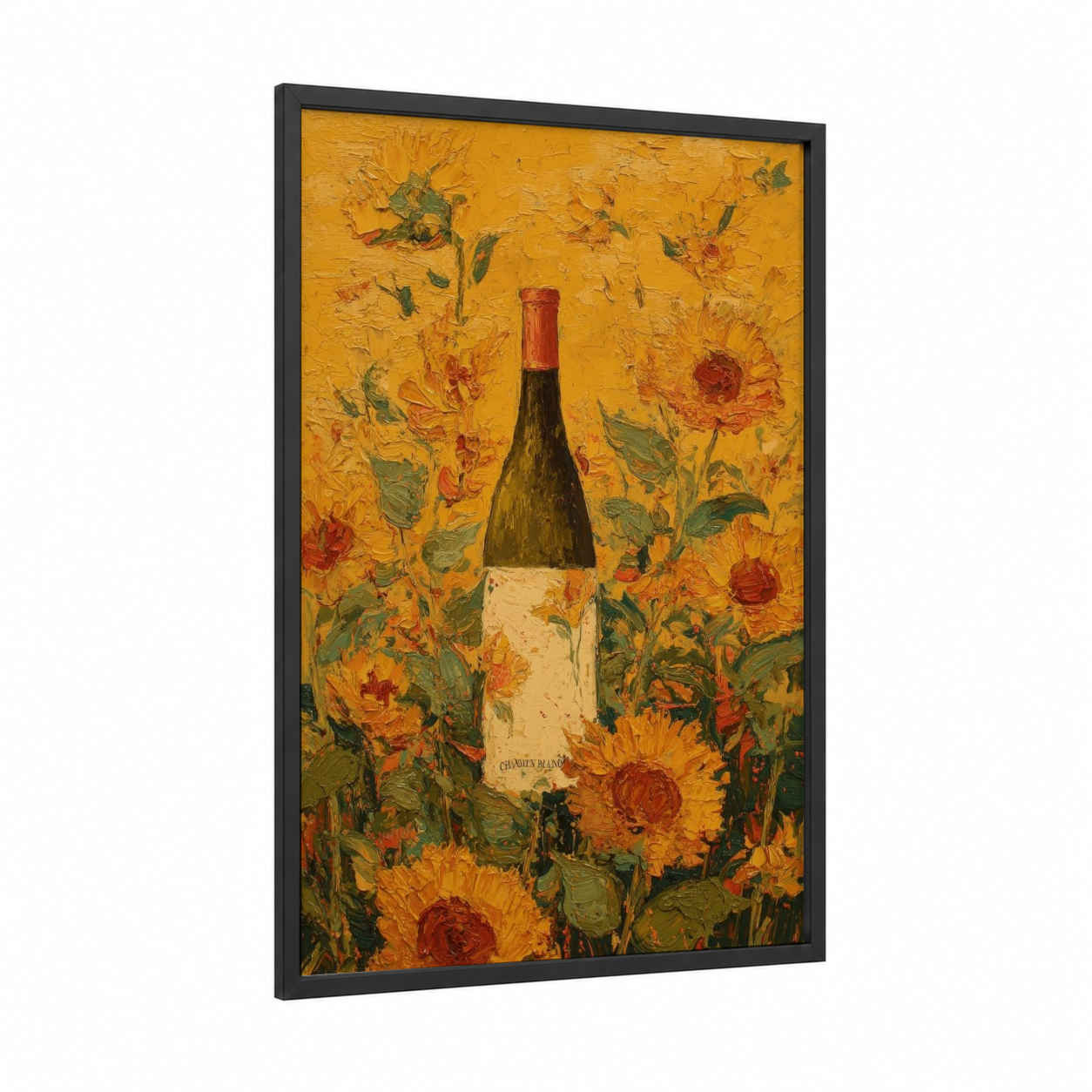 Sunflower Wine framed red wine print — black wood frame — yellow gold and red palette