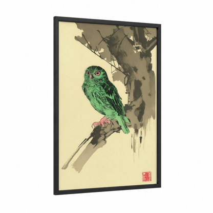 Emerald Owl framed art print — black wood frame — light green and cream palette
