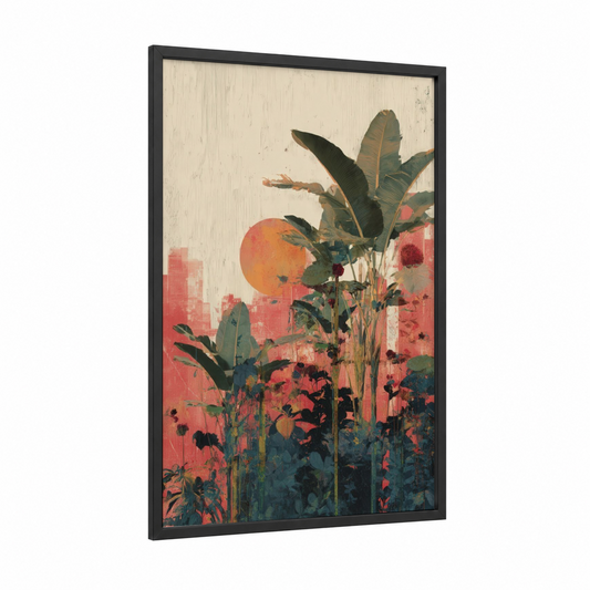 Tropical Sunset Garden framed tropical trees print — black wood frame — salmon pink and dark green palette