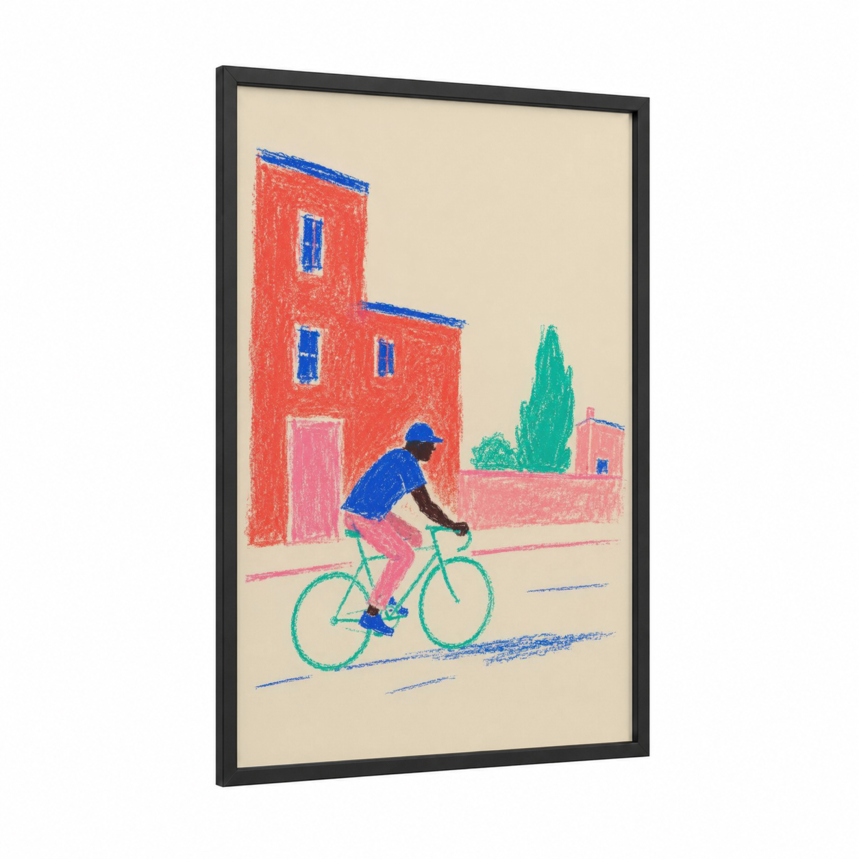 Mediterranean Village Cyclist Wall Art framed urban bicycle print — black wood frame — blue and peach palette