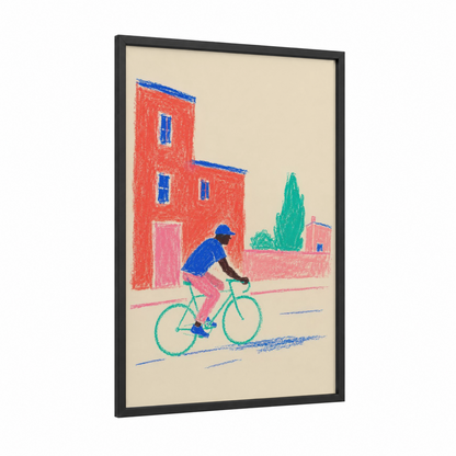 Mediterranean Village Cyclist Wall Art framed urban bicycle print — black wood frame — blue and peach palette