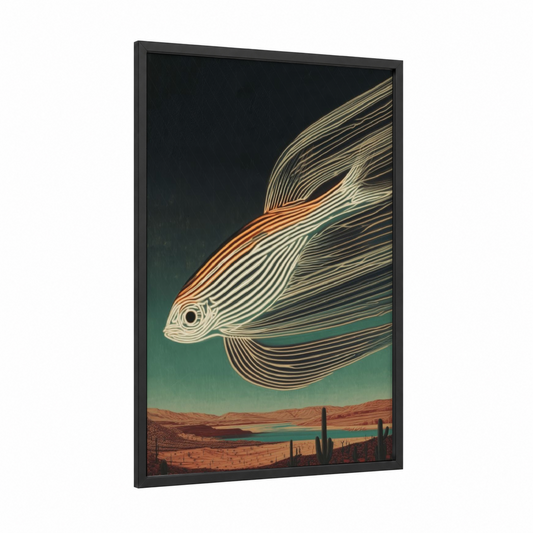 Desert Zebrafish framed art print — black wood frame — orange and teal palette