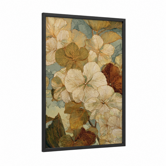Vintage Hydrangea Study framed art print — black wood frame — cream and sage green palette