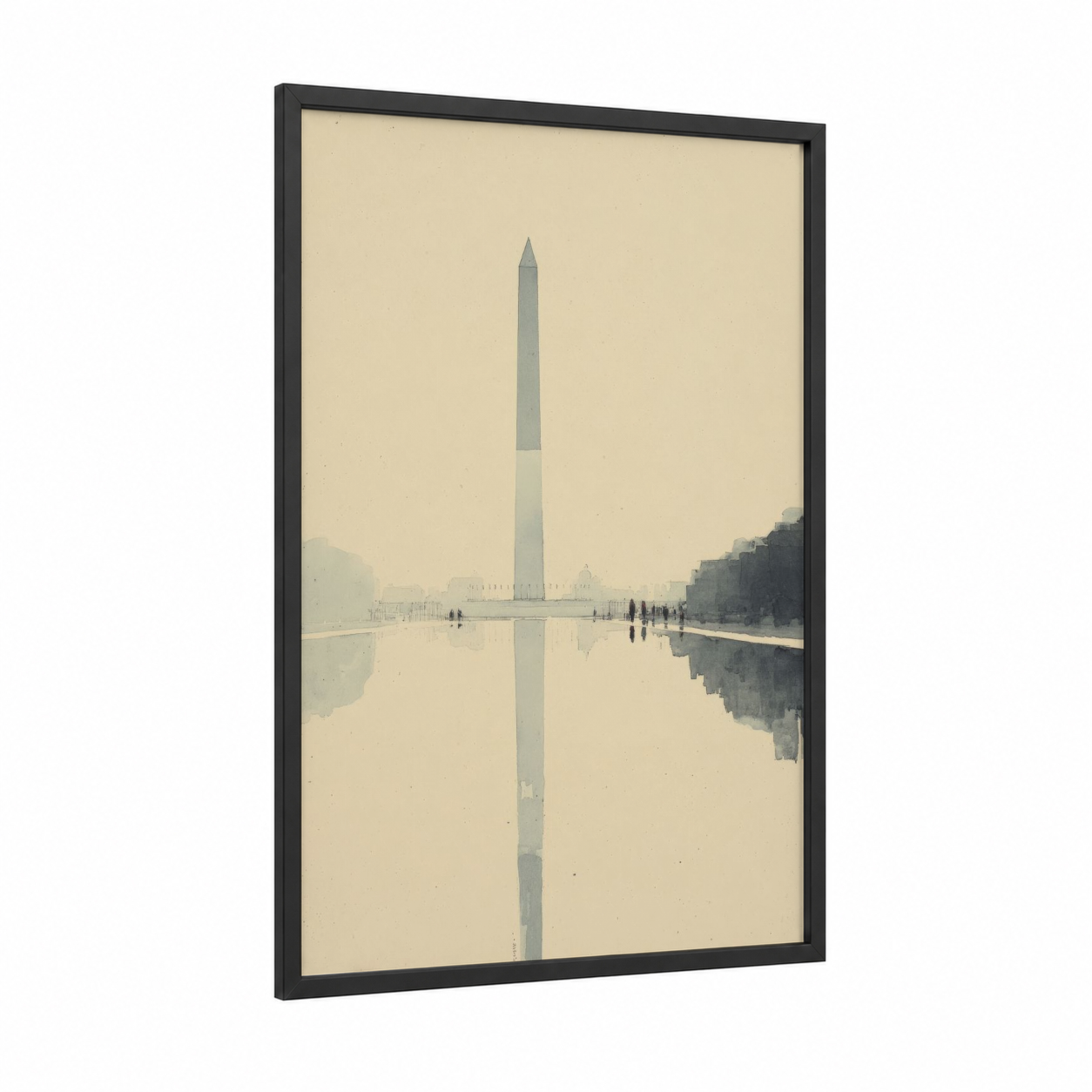 Monument Reflection framed washington monument print — black wood frame — cream and dove gray palette