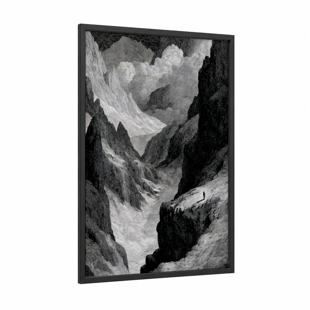 Alpine Glacier Canyon framed art print — black wood frame — black and white and gray palette