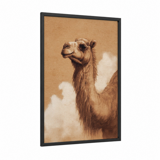 Desert Camel Portrait framed art print — black wood frame — champagne gold and cream palette