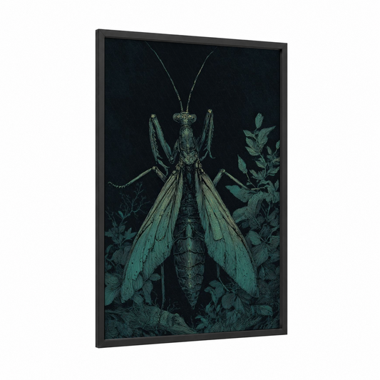 Emerald Mantis framed prayin mantis print — black wood frame — dark green and black palette