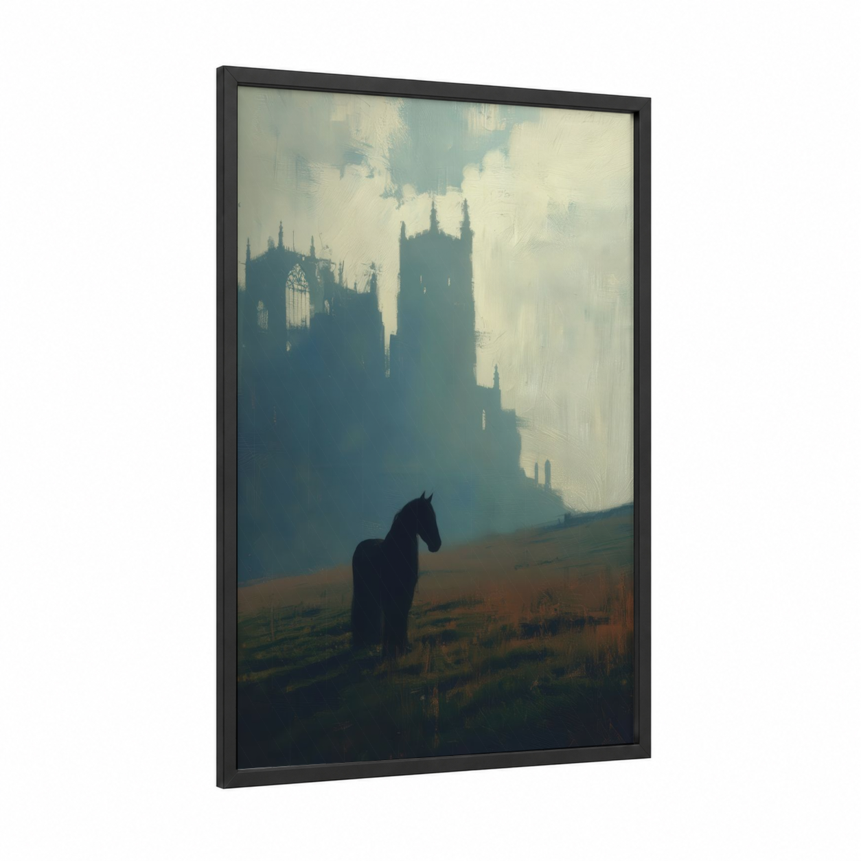 Misty Castle Friesian framed friesian horse print — black wood frame — dove gray and cream palette