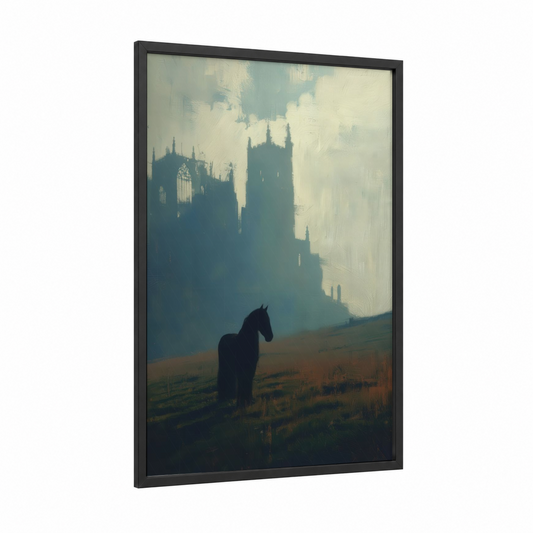 Misty Castle Friesian framed friesian horse print — black wood frame — dove gray and cream palette
