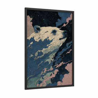 Celestial Sloth Bear framed art print — black wood frame — blue and cream palette