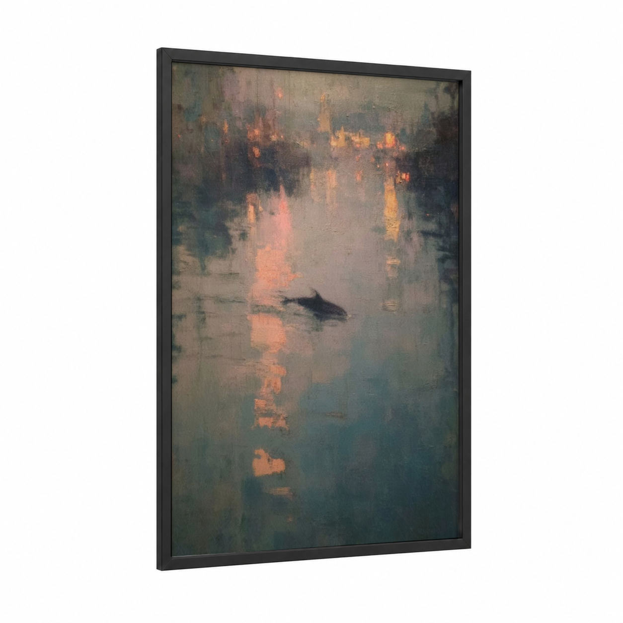 Misty Dolphins framed art print — black wood frame — gold and gray palette