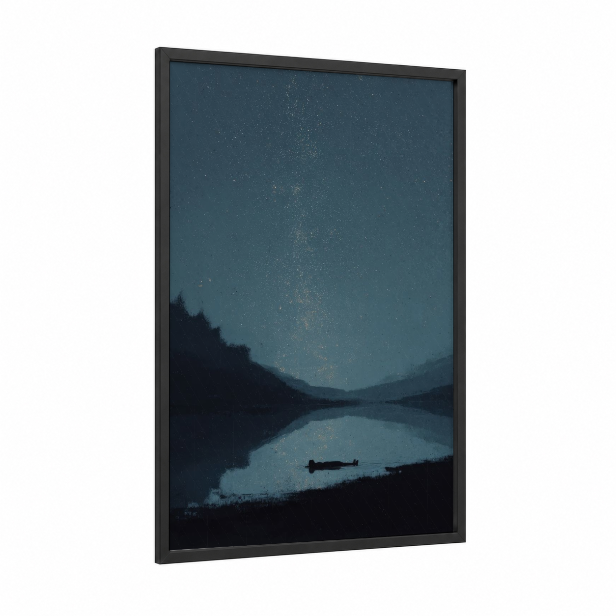 Starlit Lake Swimming framed art print — black wood frame — blue and white and dark blue palette