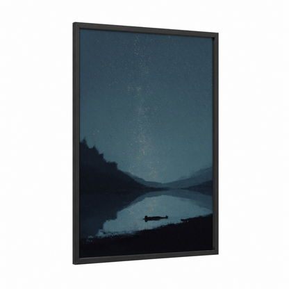 Starlit Lake Swimming framed art print — black wood frame — blue and white and dark blue palette