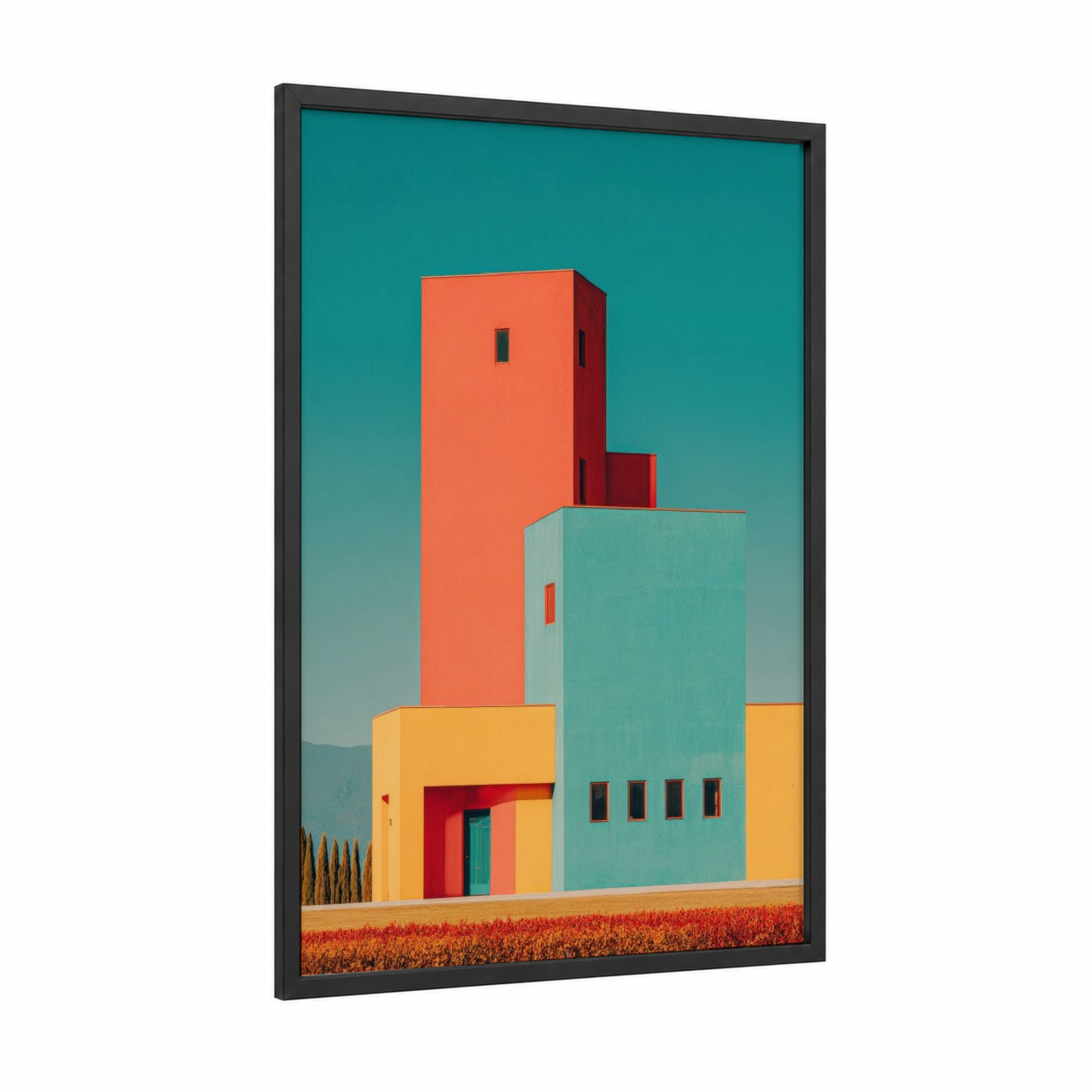 Colorful Geometric Towers framed art print — black wood frame — turquoise and orange palette