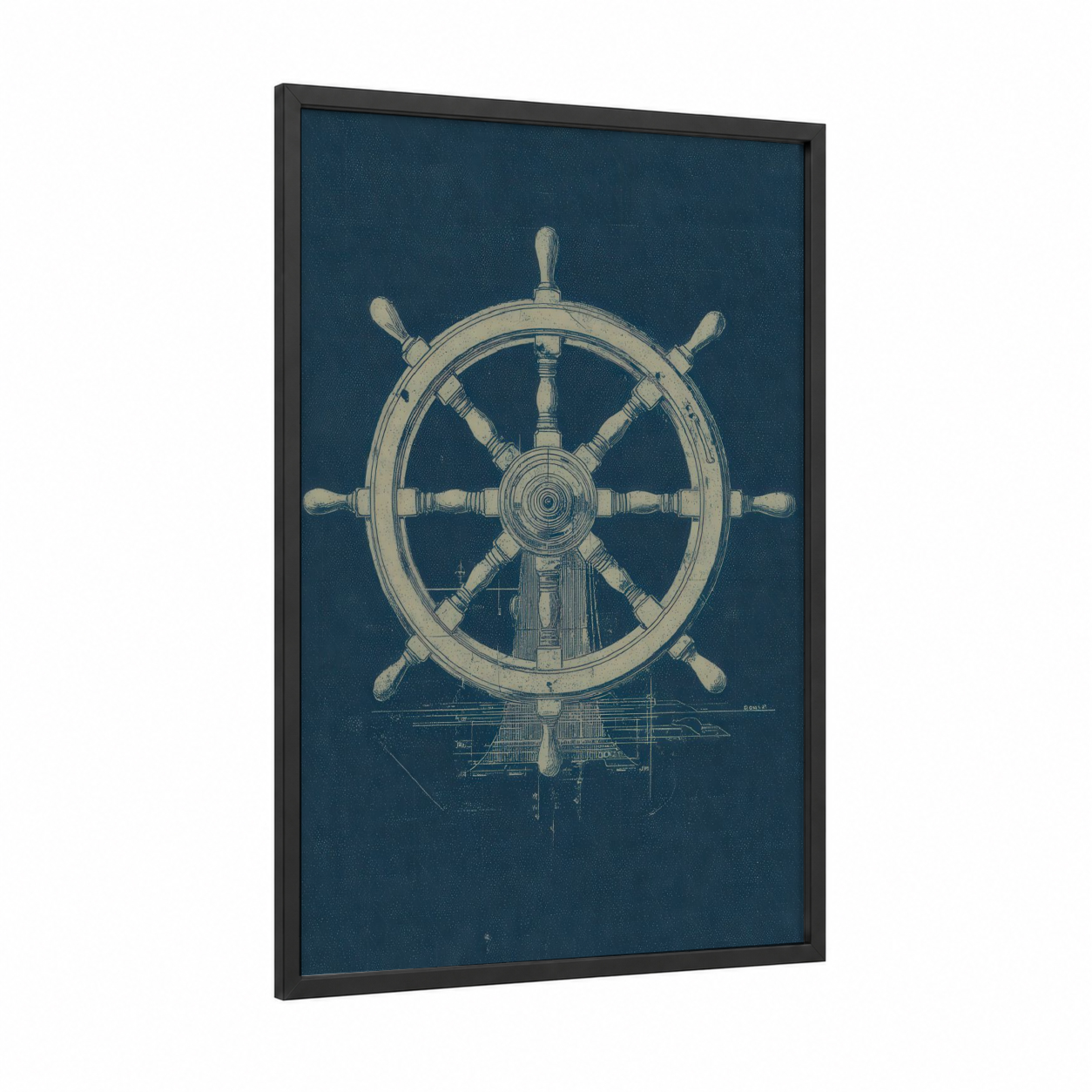 Vintage Shipwheel framed art print — black wood frame — dark blue and cream palette