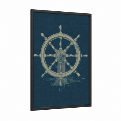 Vintage Shipwheel framed art print — black wood frame — dark blue and cream palette