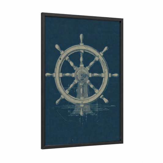 Vintage Shipwheel framed art print — black wood frame — dark blue and cream palette