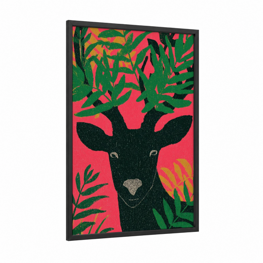 Festive Reindeer Portrait framed christmas print — black wood frame — green and pink palette