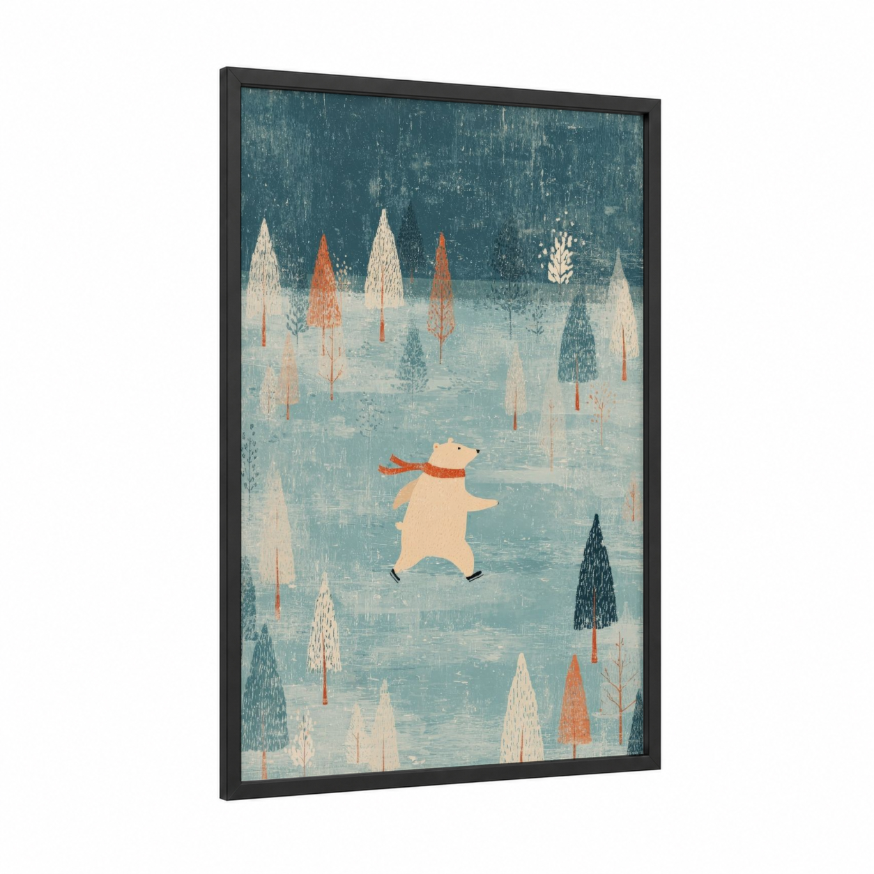 Joyful Polar Bear framed ice skating print — black wood frame — blue and white and peach palette