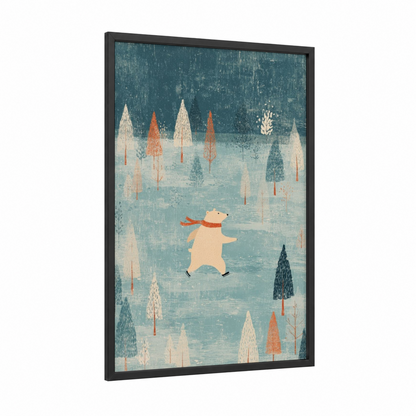Joyful Polar Bear framed ice skating print — black wood frame — blue and white and peach palette