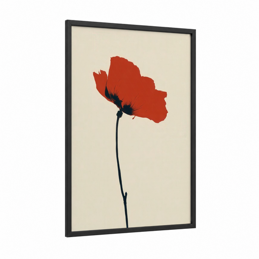Crimson Poppy Silhouette framed poppies print — black wood frame — red and cream palette
