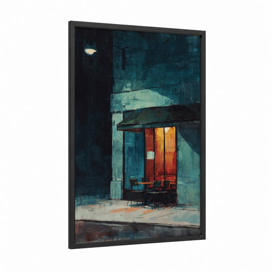 Midnight Café framed coffee print — black wood frame — dark blue and orange palette