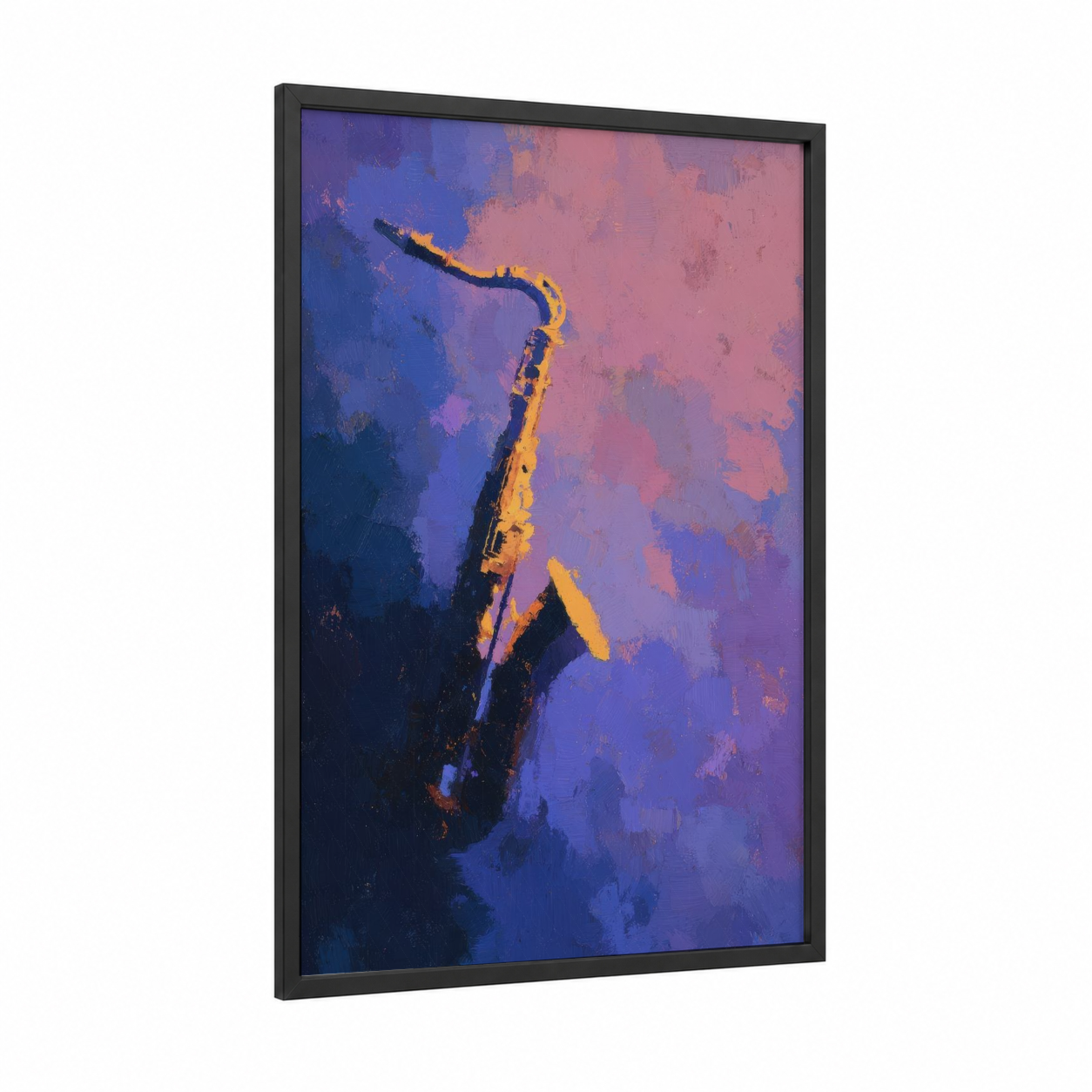 Golden Saxophone framed art print — black wood frame — blue and gold palette