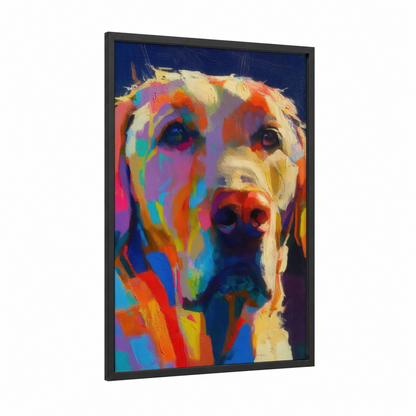 Colorful Retriever framed art print — black wood frame — magenta and blue palette