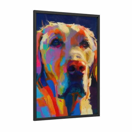 Colorful Retriever framed art print — black wood frame — magenta and blue palette