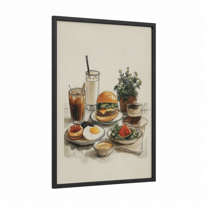 Gourmet Fast Food framed art print — black wood frame — cream and gold palette