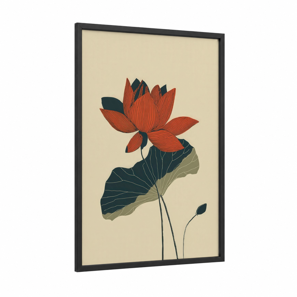Crimson Lotus Bloom framed art print — black wood frame — red and cream palette