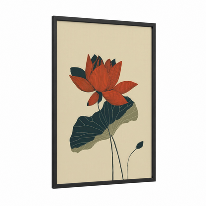 Crimson Lotus Bloom framed art print — black wood frame — red and cream palette