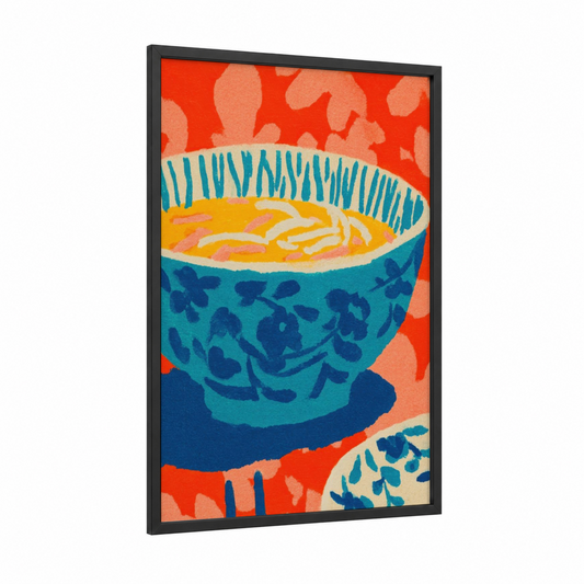 Noodle Bowl Warmth framed poultry print — black wood frame — teal and red palette