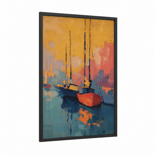 Harbour Sunset Sailboats framed sailing ship print — black wood frame — gold and blue and gold palette