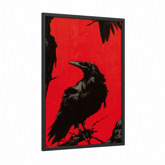 Crimson Raven framed crows and ravens print — black wood frame — red and black palette