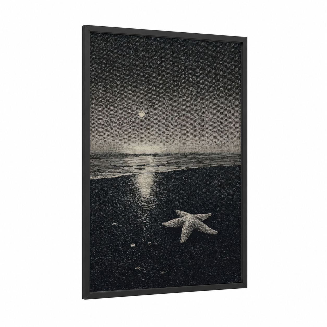 Moonlit Starfish framed art print — black wood frame — black and white and gray palette