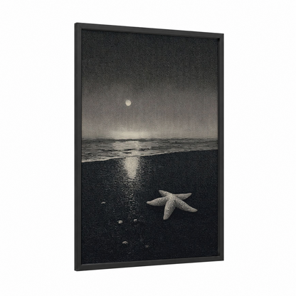 Moonlit Starfish framed art print — black wood frame — black and white and gray palette