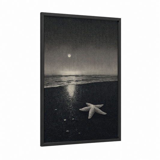 Moonlit Starfish framed art print — black wood frame — black and white and gray palette